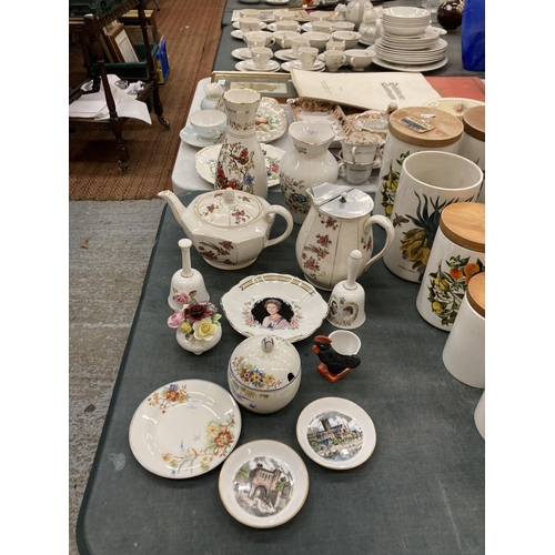 271 - A QUANTITY OF CERAMICS TO INCLUDE LAWLEY'S NORFOLK POTTERY TEAPOT AND COFFEEPOT, VASES, POSIES, BELL... 