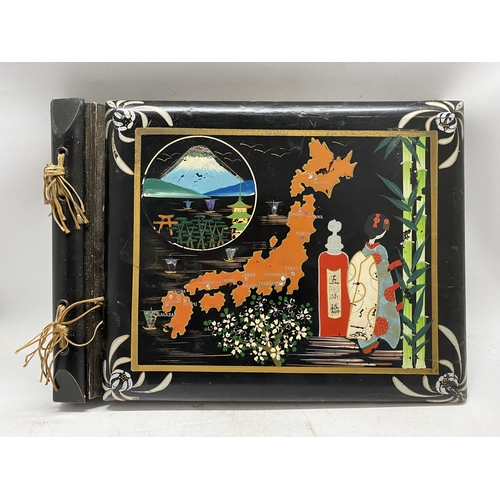 338 - A VINTAGE HAND-PAINTED LACQUERED JAPANESE PHOTO ALBUM