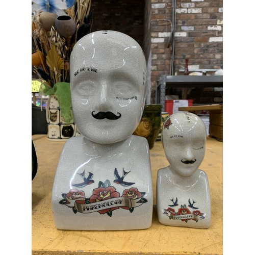 447 - TWO DECORATIVE PHRENOLOGY HEADS APPROX 28CM AND 15CM HEIGHT