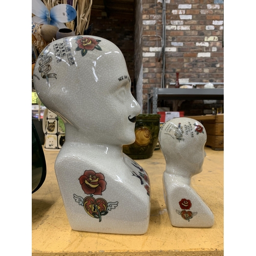 447 - TWO DECORATIVE PHRENOLOGY HEADS APPROX 28CM AND 15CM HEIGHT