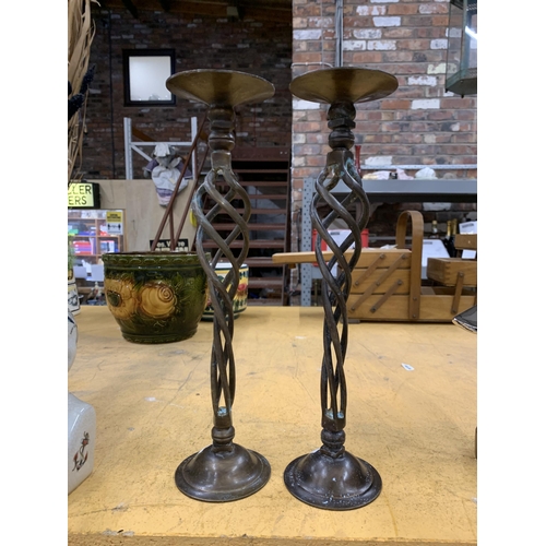 448 - A PAIR OF MATCHING BARLEY TWIST CANDLE STICKS, 32CM HIGH