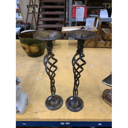 448 - A PAIR OF MATCHING BARLEY TWIST CANDLE STICKS, 32CM HIGH