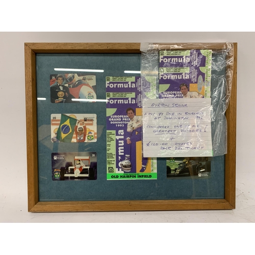 466 - A FRAMED AYRTON SENNA COLLAGE FROM HIS LAST RACE IN ENGLAND AT DONNINGTON IN 1993, PLUS A £120 UNUSE... 