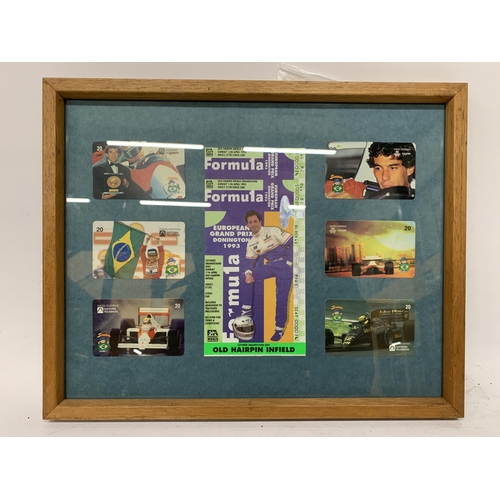 466 - A FRAMED AYRTON SENNA COLLAGE FROM HIS LAST RACE IN ENGLAND AT DONNINGTON IN 1993, PLUS A £120 UNUSE... 