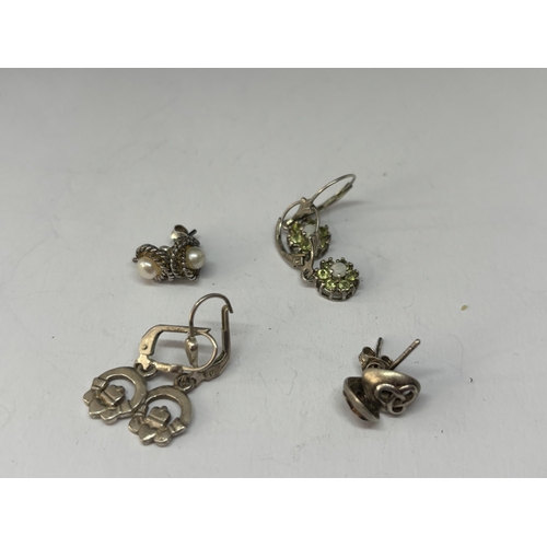 541 - FOUR PAIRS OF SILVER EARRINGS AND A SILVER CROSS