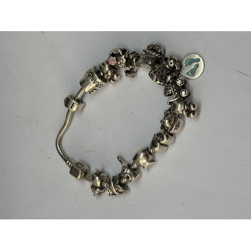 572 - A MARKED SILVER PANDORA STYLE BRACELET WITH SEVENTEEN CHARMS