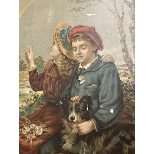 833 - A FRAMED VINTAGE PRINT OF A GIRL AND BOY WITH A DOG