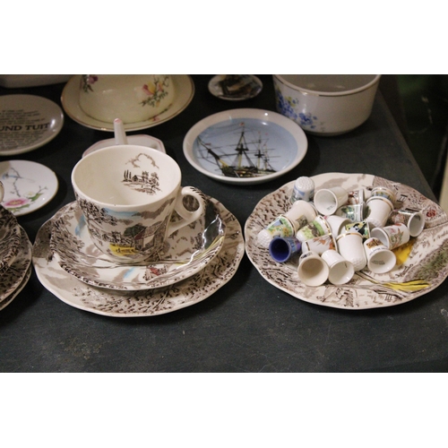 848 - A QUANTITY OF CERAMICS TO INCLUDE W H GRINDLEY CUPS, SAUCERS AND PLATES, THIMBLES, COMMEMORATIVE CUP... 