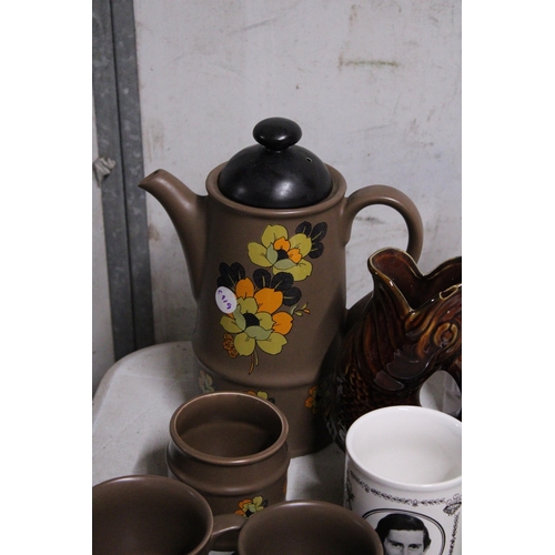 901 - A SADLER STONEWRE COFFEE SET WITH COFFEE POT, SUGAR BOWL, CREAM JUG AND CUPS, A PORCELAIN FIGURE OF ... 