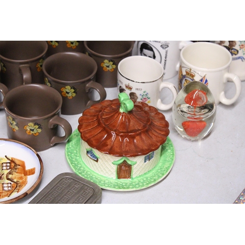 901 - A SADLER STONEWRE COFFEE SET WITH COFFEE POT, SUGAR BOWL, CREAM JUG AND CUPS, A PORCELAIN FIGURE OF ... 