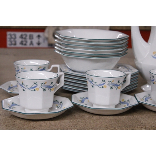 959 - A VINTAGE JOHNSON BROTHERS 'ETERNAL BEAU' WITH BLUE RIBBON, 28 PIECE TEA/DINNER SET TO INCLUDE A TEA... 