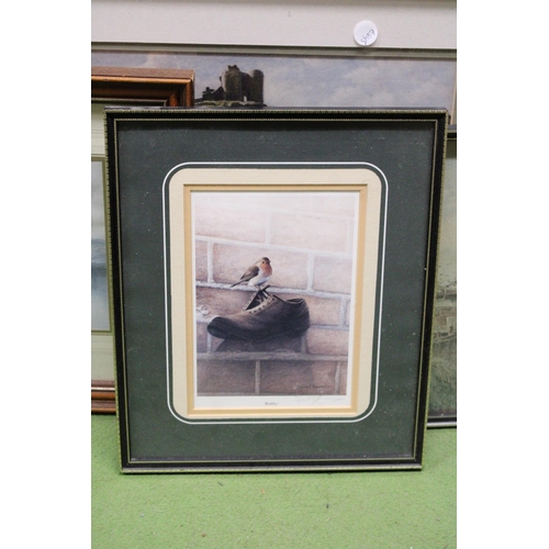 974 - FOUR FRAMED PRINTS TO INCLUDE LAKE WINDEMERE, A ROBIN, ETC