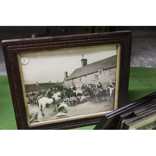 975 - EIGHT FRAMED PRINTS TO INCLUDE TWO PHOTOGRAPHIC PRINTS OF A HUNT OUTSIDE A PUB AND MEIR HEATH PLUS E... 