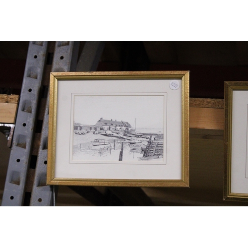 994 - THREE FRAMED PRINTS OF VILLAGE SCENES AND A HARBOUR SCENE