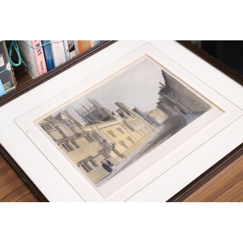 1013 - TWO FRAMED PRINTS TO INCLUDE A CITY SCENE AND A COLLEGE SCENE  TOGETHER WITH TWELVE VINTAGE ENGLISH ... 