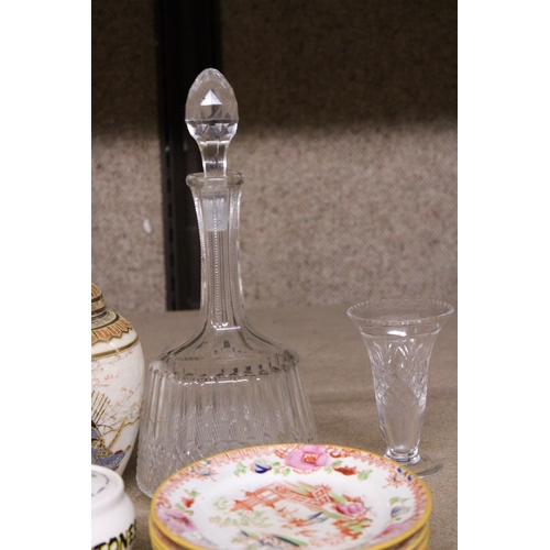 1028 - A MIXED LOT TO INCLUDE A MASON'S GOLDEN AZALEA STORAGE CADDY, CRYSTAL DECANTER, JAPANESE SATSUMA GIN... 