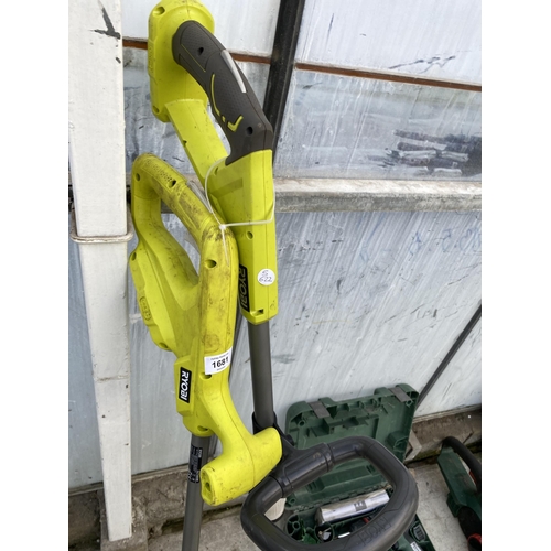 1681 - TWO RYOBI BATTERY POWERED GRASS STRIMMERS