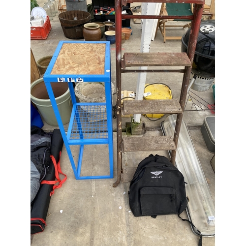 1960 - A TUBULAR METAL STEP LADDER, A METAL SHELVING UNIT AND A BENTLEY RUCKSACK