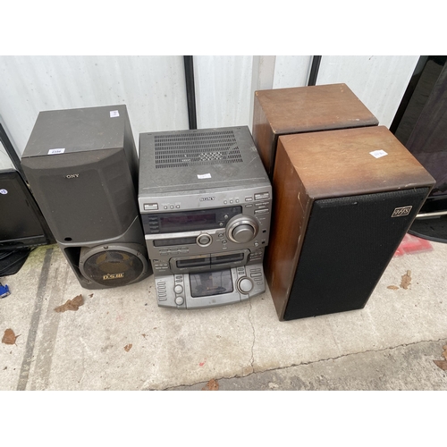 2356 - A SONY STEREO SYSTEM, SONY SPEAKER AND TWO WOODEN CASED SPEAKERS