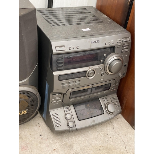 2356 - A SONY STEREO SYSTEM, SONY SPEAKER AND TWO WOODEN CASED SPEAKERS