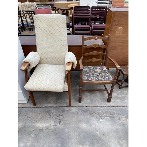 3030 - A TEAK ARMCHAIR AND AN OAK LADDERBACK CARVER DINING CHAIR