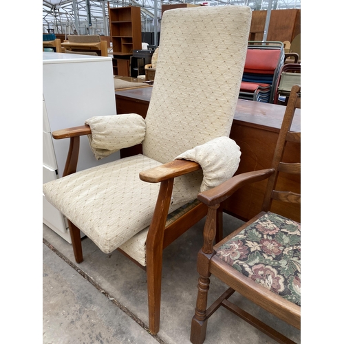 3030 - A TEAK ARMCHAIR AND AN OAK LADDERBACK CARVER DINING CHAIR