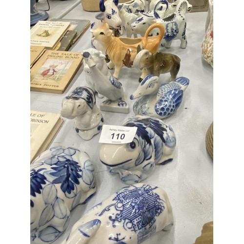 110 - A QUANTITY OF CERAMIC ANIMAL FIGURES TO INCLUDE VINTAGE 1960'S DUTCH DELFT BLUE HAND PAINTED COW CRE... 