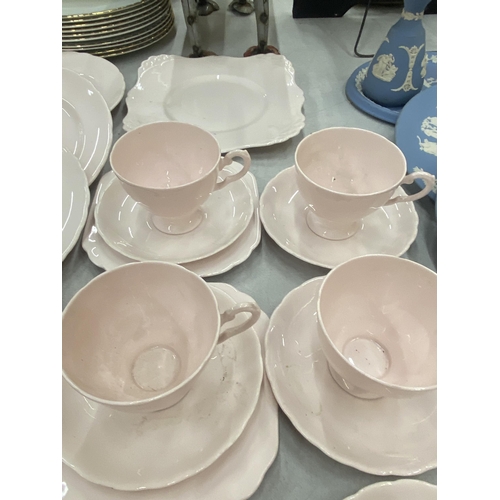 113 - A POWDER PINK TUSCAN PLANT TEASET TO INCLUDE PLATES, CUPS, SAUCERS, CAKE PLATE, ETC,.,