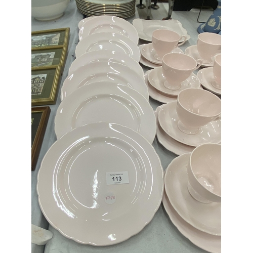 113 - A POWDER PINK TUSCAN PLANT TEASET TO INCLUDE PLATES, CUPS, SAUCERS, CAKE PLATE, ETC,.,