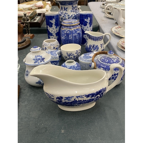 116 - A QUANTITY OF BLUE AND WHITE CERAMICS TO INCLUDE A RINGTONS TEA CADDY, A PAIR OF FLORAL PRUNUS VASES... 