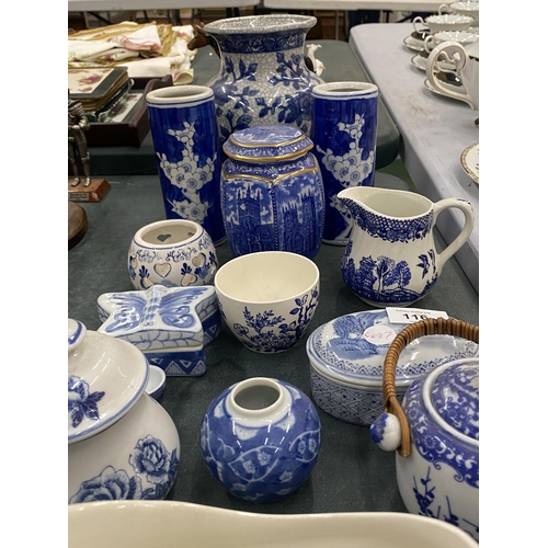 116 - A QUANTITY OF BLUE AND WHITE CERAMICS TO INCLUDE A RINGTONS TEA CADDY, A PAIR OF FLORAL PRUNUS VASES... 