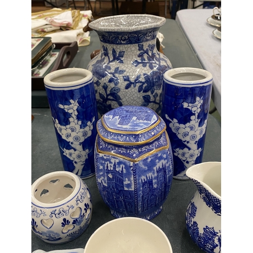 116 - A QUANTITY OF BLUE AND WHITE CERAMICS TO INCLUDE A RINGTONS TEA CADDY, A PAIR OF FLORAL PRUNUS VASES... 