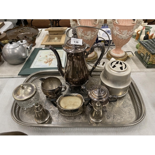 136 - A SILVERPLATE TRAY WITH COFFEEPOT, LIDDED SUGAR BOWL, CREAMER, ETC.,