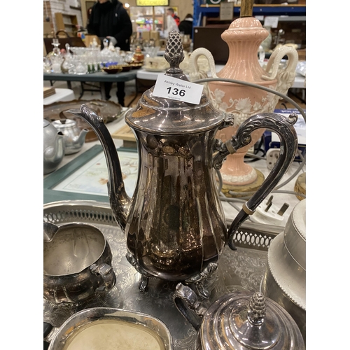 136 - A SILVERPLATE TRAY WITH COFFEEPOT, LIDDED SUGAR BOWL, CREAMER, ETC.,