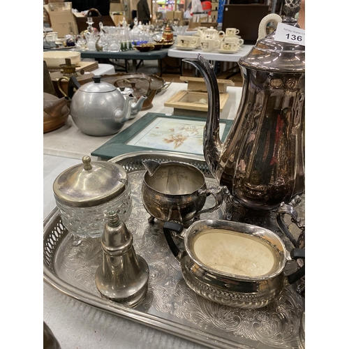 136 - A SILVERPLATE TRAY WITH COFFEEPOT, LIDDED SUGAR BOWL, CREAMER, ETC.,