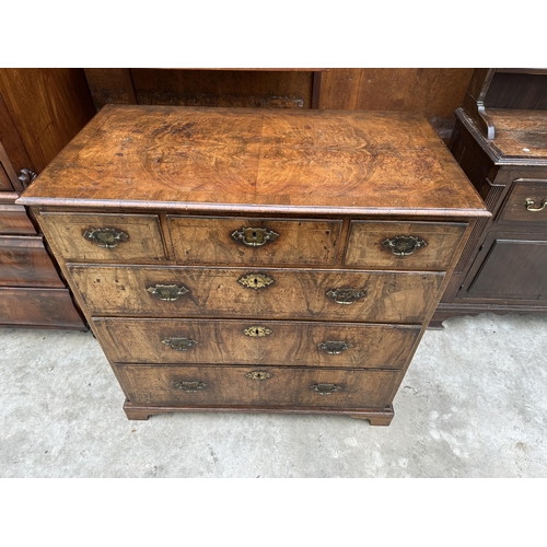 2517 - AN 18TH CENTURY WALNUT AND CROSSBANDED CHEST OF DRAWERS WITH THREE UPPER DRAWERS (TWO SECRET LOCKING...