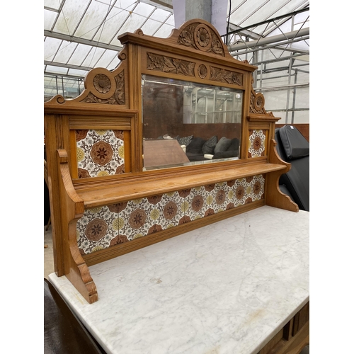 2708 - A VICTORIAN ASH MARBLE TOP AND TILED MIRROR BACK WASHSTAND ENCLOSING THREE DRAWERS, 48