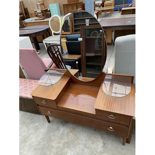 2711 - A RETRO LEBUS STEPPED DRESSING TABLE ENCLOSING THREE DRAWERS AND TWO GLASS SHELVES, 43