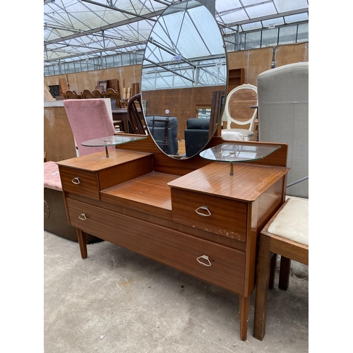 2711 - A RETRO LEBUS STEPPED DRESSING TABLE ENCLOSING THREE DRAWERS AND TWO GLASS SHELVES, 43