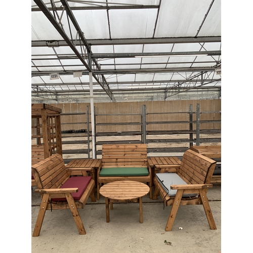 167 - AN AS NEW EX DISPLAY CHARLES TAYLOR GARDEN FURNITURE SET. TO INCLUDE THREE DOUBLE BENCH SEATS, ONE R... 