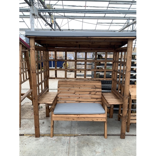 173 - AN AS NEW EX DISPLAY CHARLES TAYLOR GARDEN FURNITURE SET. ONE DOUBLE BENCH SEAT WITH ARBOUR AND TWO ... 