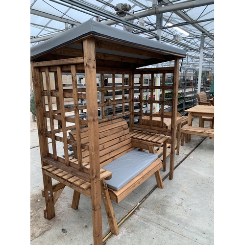 173 - AN AS NEW EX DISPLAY CHARLES TAYLOR GARDEN FURNITURE SET. ONE DOUBLE BENCH SEAT WITH ARBOUR AND TWO ... 