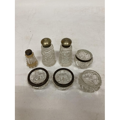 40 - SIX GLASS CONDIMENT ITEMS TO INCLUDE FOUR WITH HALLMARKED SILVER RIMS