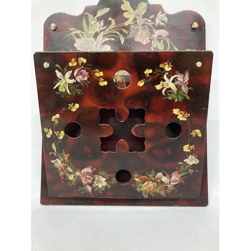 49 - A VICTORIAN PAPIER MACHE, HAND PAINTED, FLORAL LETTER RACK, 30CM X 40CM