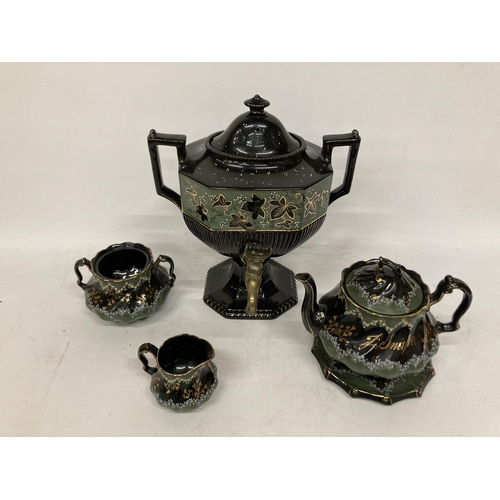 50 - FIVE PIECES OF 19TH CENTURY JACKFIELD POTTERY TO INCLUDE A SAMOVAR, TEAPOT AND STAND, SUGAR BOWL AND... 