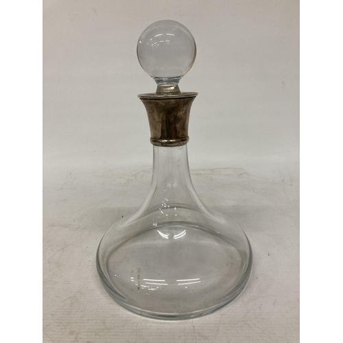 54 - A VINTAGE SHIP'S DECANTER WITH A CARRS OF SHEFFIELD EPNS COLLAR, HEIGHT APPROX 28CM