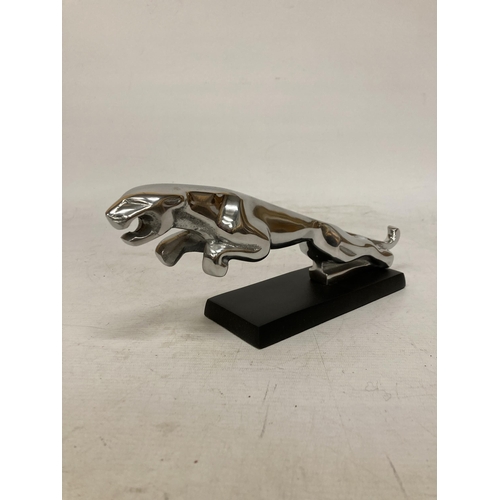 55 - A CHROME JAGUAR CAR MASCOT ON A BASE, HEIGHT 12CM, LENGTH 30CM