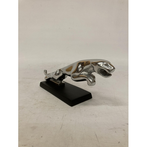 55 - A CHROME JAGUAR CAR MASCOT ON A BASE, HEIGHT 12CM, LENGTH 30CM