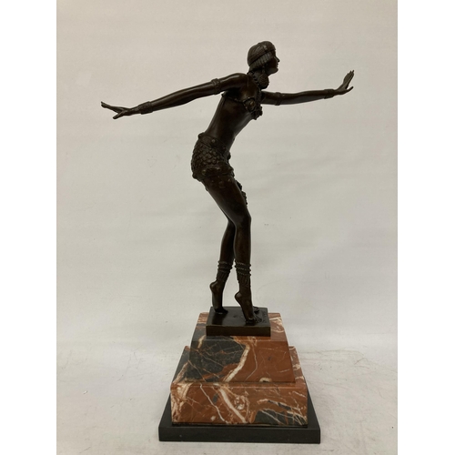 69 - A BRONZE ART DECO LADY DANCER ON A MARBLE BASE, HEIGHT 50CM