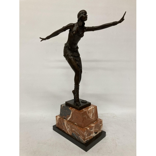 69 - A BRONZE ART DECO LADY DANCER ON A MARBLE BASE, HEIGHT 50CM